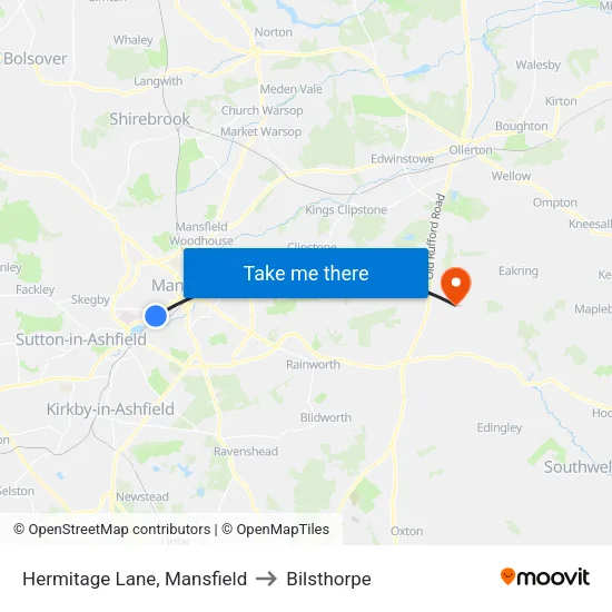 Hermitage Lane, Mansfield to Bilsthorpe map