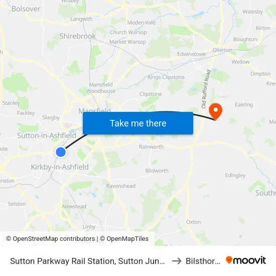 Sutton Parkway Rail Station, Sutton Junction to Bilsthorpe map