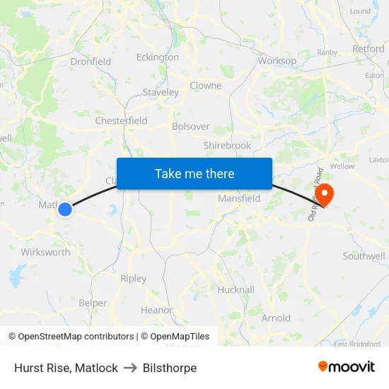 Hurst Rise, Matlock to Bilsthorpe map