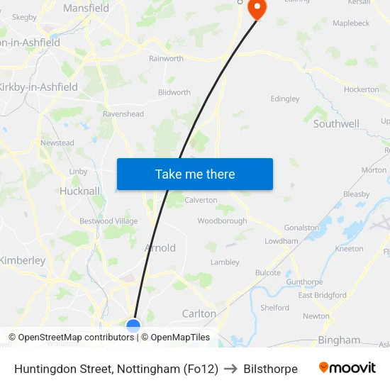 Huntingdon Street, Nottingham (Fo12) to Bilsthorpe map