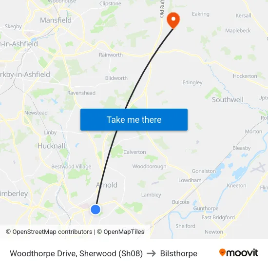 Woodthorpe Drive, Sherwood (Sh08) to Bilsthorpe map