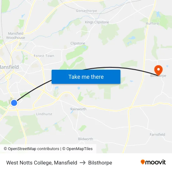 West Notts College, Mansfield to Bilsthorpe map