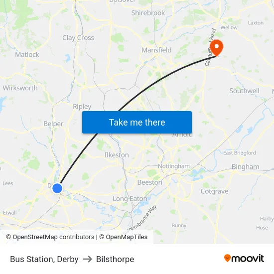 Bus Station, Derby to Bilsthorpe map