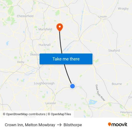 Crown Inn, Melton Mowbray to Bilsthorpe map