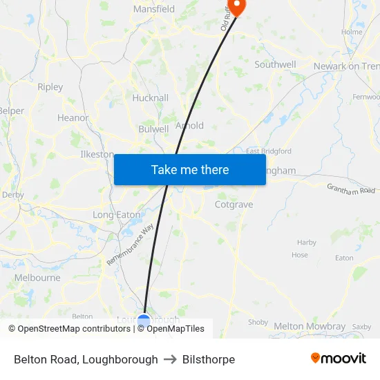 Belton Road, Loughborough to Bilsthorpe map