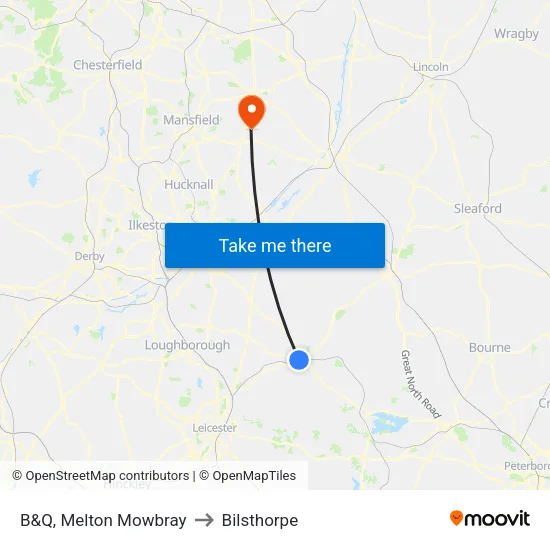 B&Q, Melton Mowbray to Bilsthorpe map