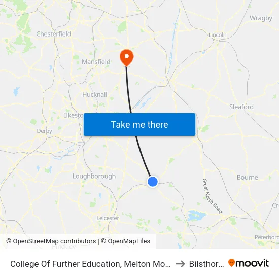 College Of Further Education, Melton Mowbray to Bilsthorpe map