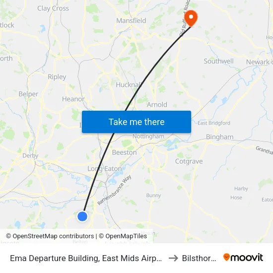 Ema Departure Building, East Mids Airport to Bilsthorpe map