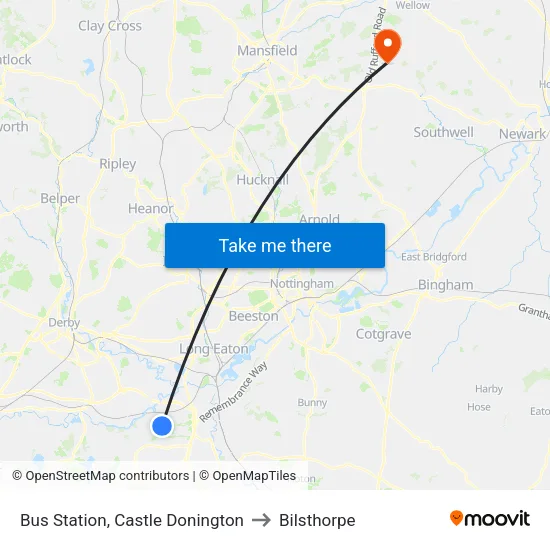 Bus Station, Castle Donington to Bilsthorpe map