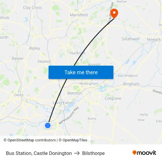 Bus Station, Castle Donington to Bilsthorpe map