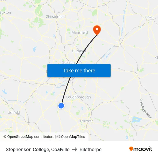Stephenson College, Coalville to Bilsthorpe map