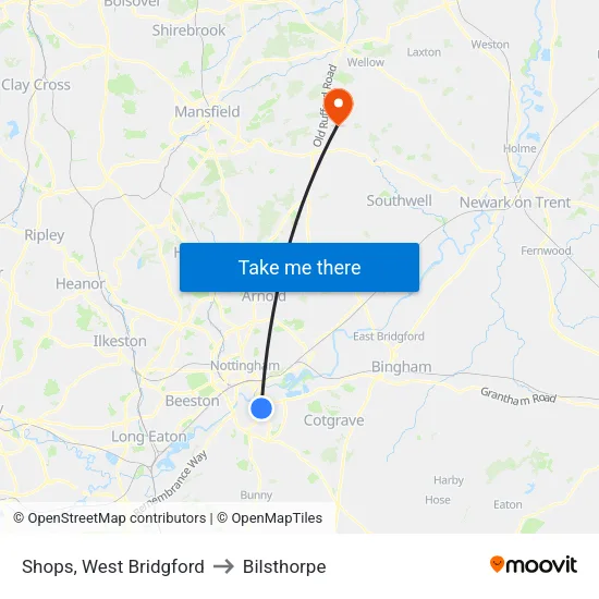 Shops, West Bridgford to Bilsthorpe map