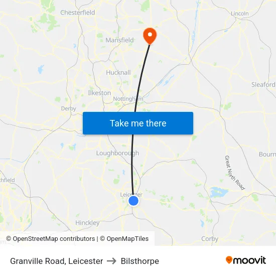 Granville Road, Leicester to Bilsthorpe map