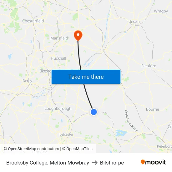 Brooksby College, Melton Mowbray to Bilsthorpe map