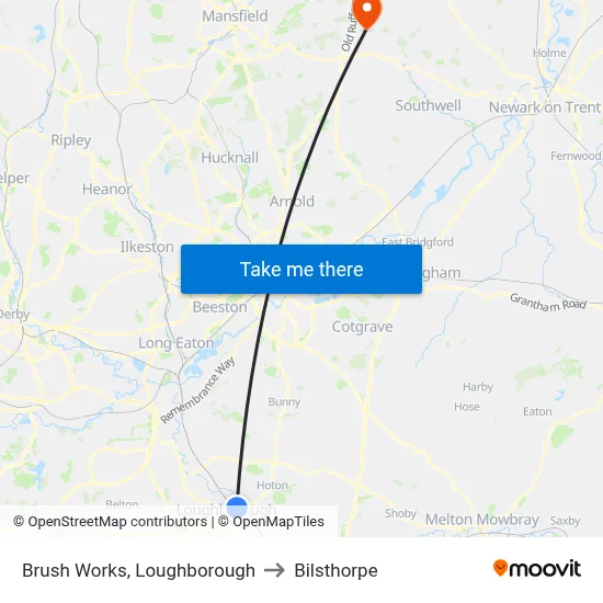 Brush Works, Loughborough to Bilsthorpe map
