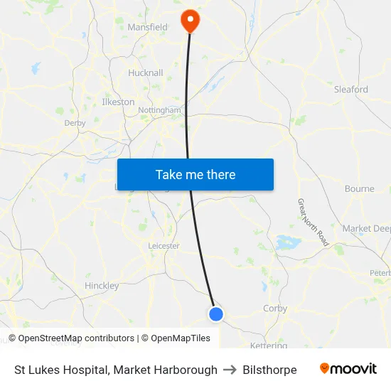 St Lukes Hospital, Market Harborough to Bilsthorpe map