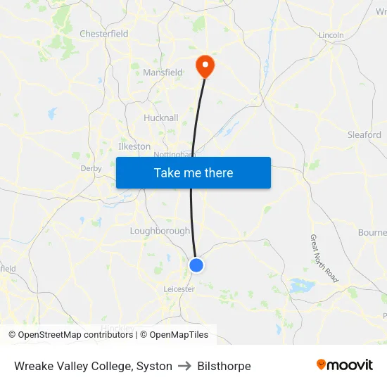 Wreake Valley College, Syston to Bilsthorpe map