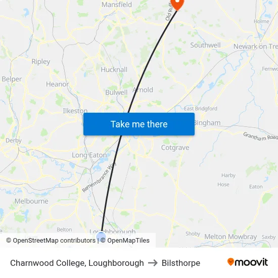 Charnwood College, Loughborough to Bilsthorpe map
