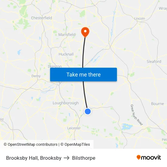 Brooksby Hall, Brooksby to Bilsthorpe map