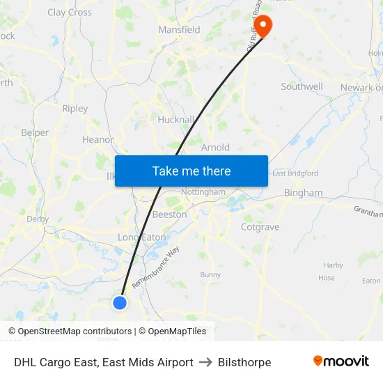 DHL Cargo East, East Mids Airport to Bilsthorpe map