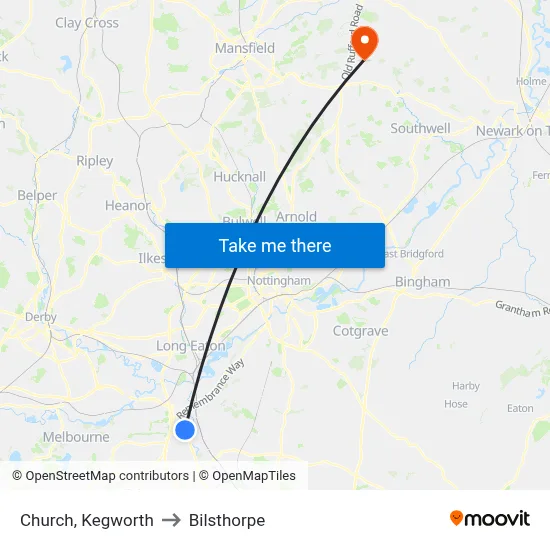 Church, Kegworth to Bilsthorpe map
