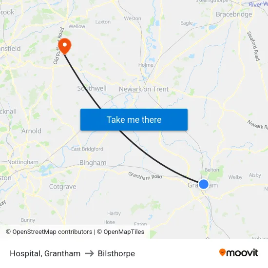 Hospital, Grantham to Bilsthorpe map