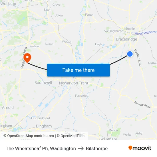 The Wheatsheaf Ph, Waddington to Bilsthorpe map