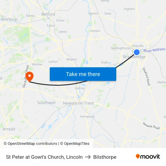 St Peter at Gowt's Church, Lincoln to Bilsthorpe map