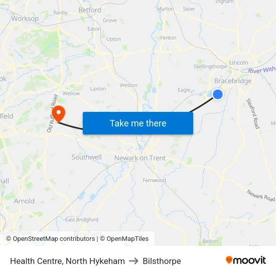 Health Centre, North Hykeham to Bilsthorpe map