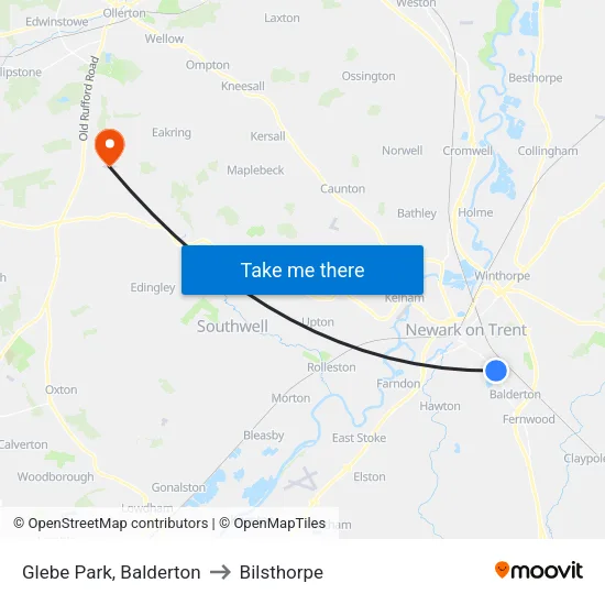 Glebe Park, Balderton to Bilsthorpe map
