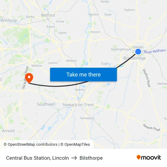 Central Bus Station, Lincoln to Bilsthorpe map