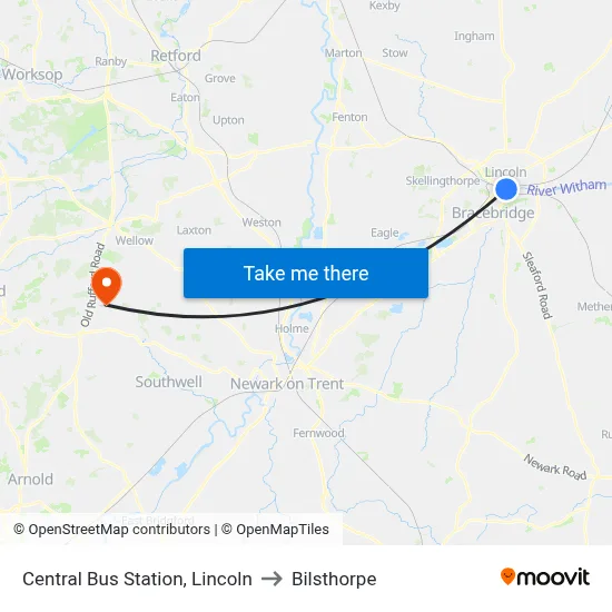 Central Bus Station, Lincoln to Bilsthorpe map