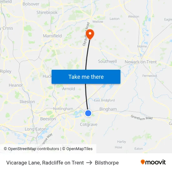 Vicarage Lane, Radcliffe on Trent to Bilsthorpe map