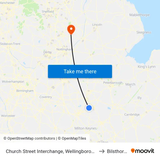 Church Street Interchange, Wellingborough to Bilsthorpe map