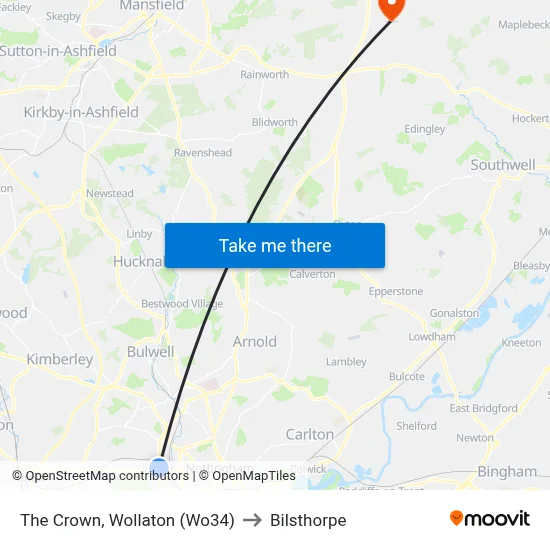 The Crown, Wollaton (Wo34) to Bilsthorpe map
