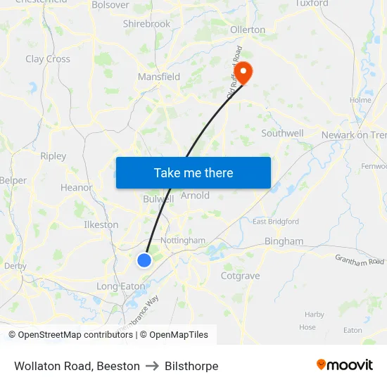 Wollaton Road, Beeston to Bilsthorpe map