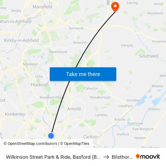 Wilkinson Street Park & Ride, Basford (Ba84) to Bilsthorpe map