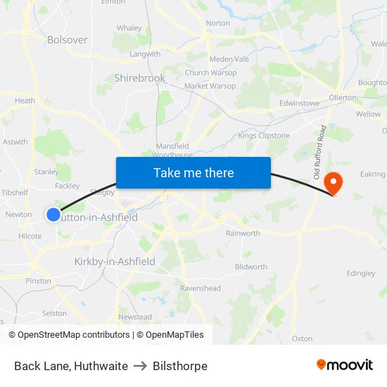 Back Lane, Huthwaite to Bilsthorpe map