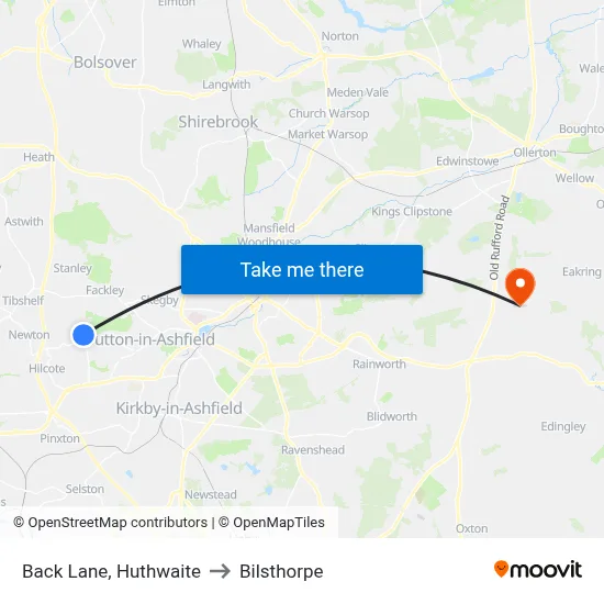 Back Lane, Huthwaite to Bilsthorpe map