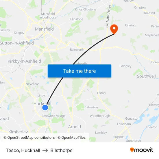 Tesco, Hucknall to Bilsthorpe map