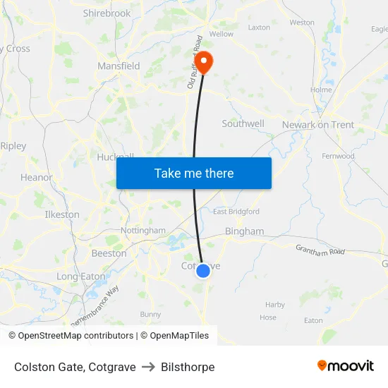 Colston Gate, Cotgrave to Bilsthorpe map
