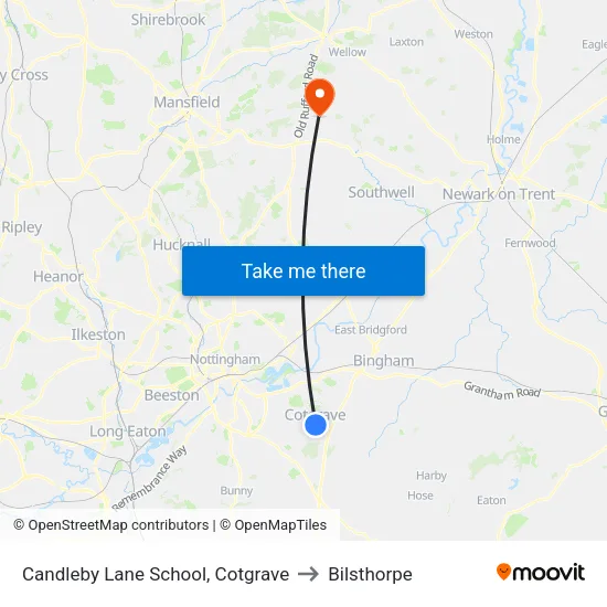 Candleby Lane School, Cotgrave to Bilsthorpe map
