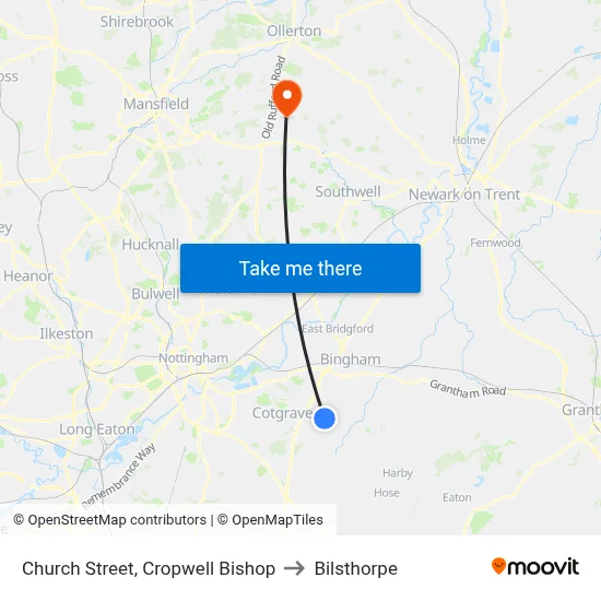 Church Street, Cropwell Bishop to Bilsthorpe map