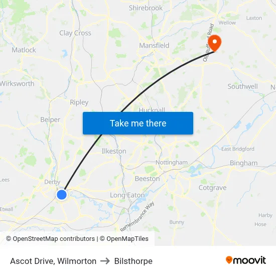Ascot Drive, Wilmorton to Bilsthorpe map