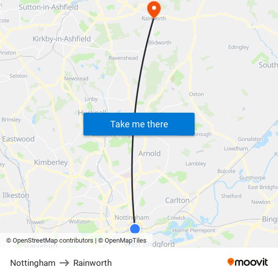 Nottingham to Rainworth map