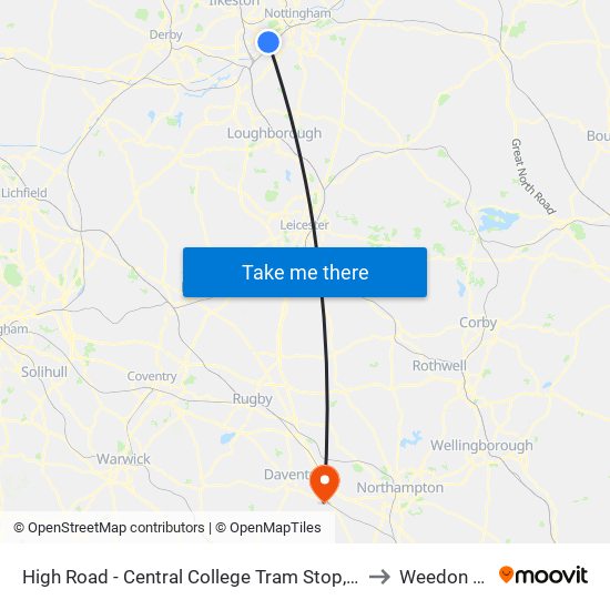 High Road - Central College Tram Stop, Chilwell to Weedon Bec map