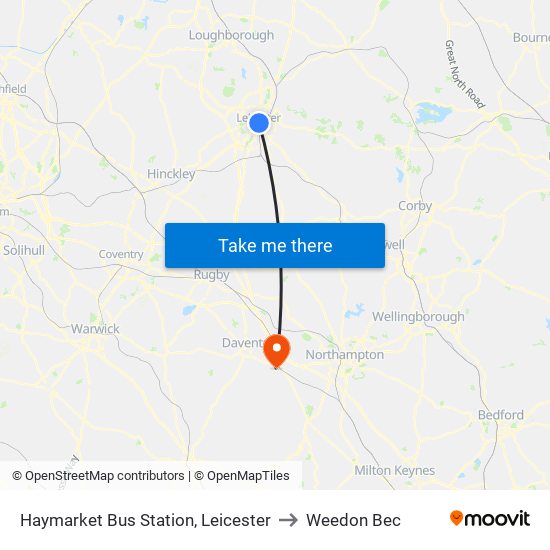 Haymarket Bus Station, Leicester to Weedon Bec map