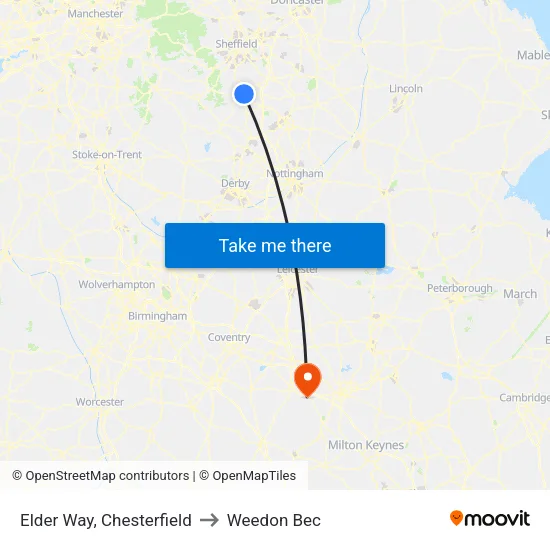Elder Way, Chesterfield to Weedon Bec map