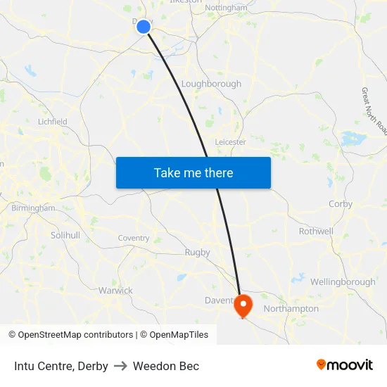 Intu Centre, Derby to Weedon Bec map