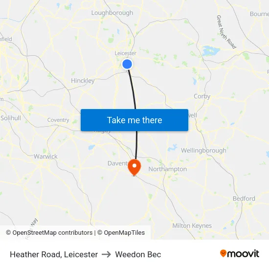 Heather Road, Leicester to Weedon Bec map